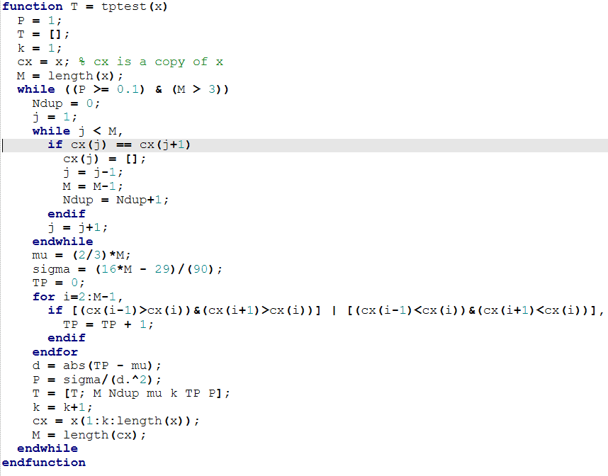 the function tptest in Octave