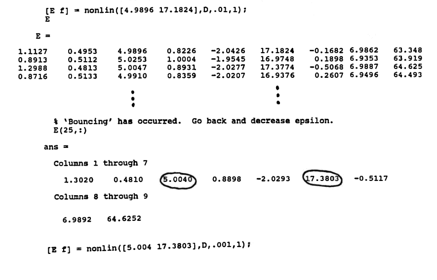 diary of a MATLAB session using nonlin