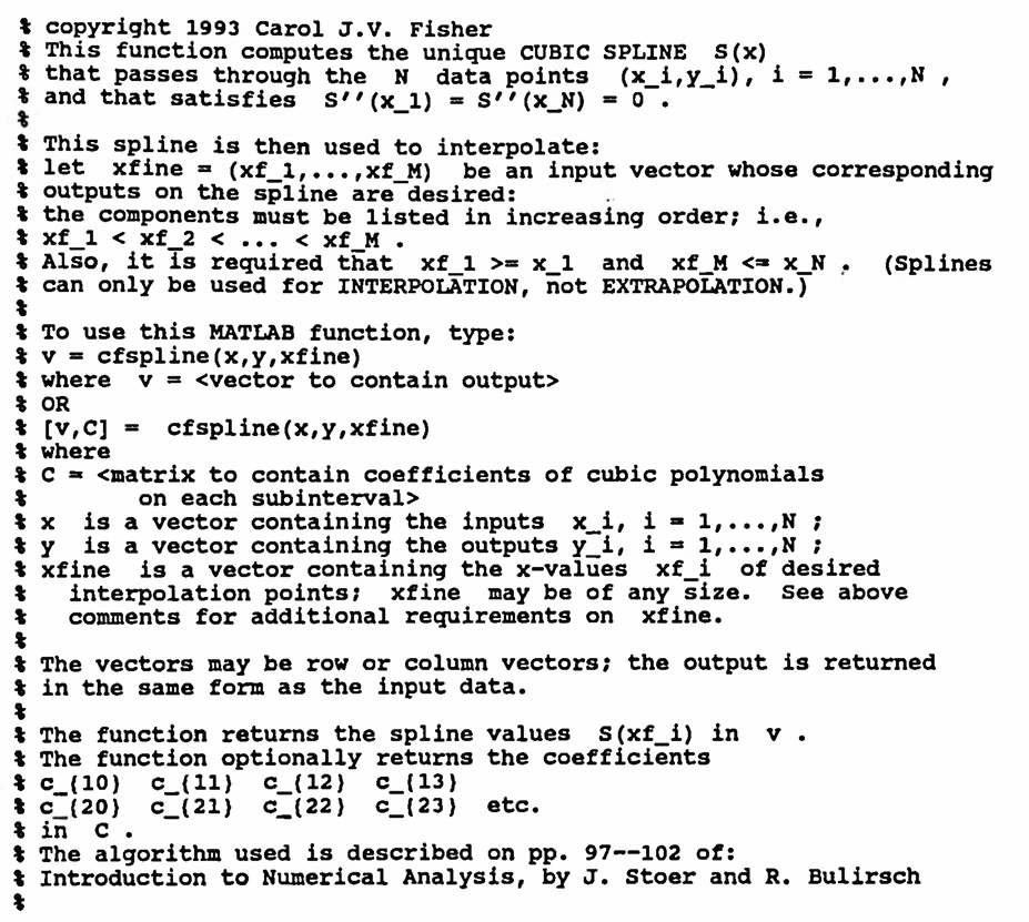 MATLAB code to compute natural cubic spline
