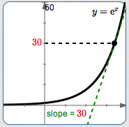 natural exponential function showing y-value of point = 30 and tangent line with slope 30