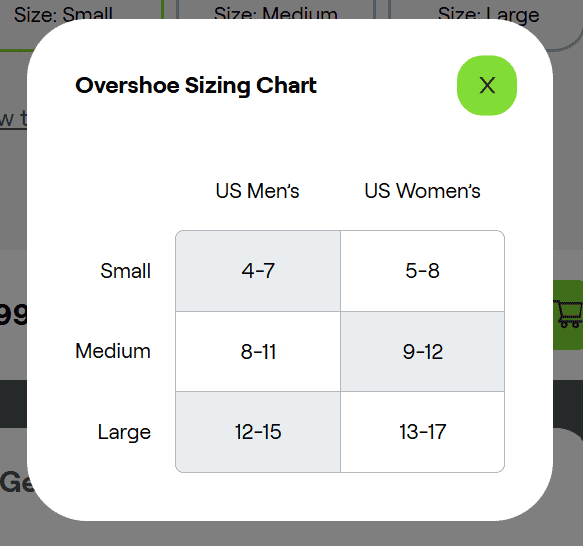 Virtuix overshoe size chart