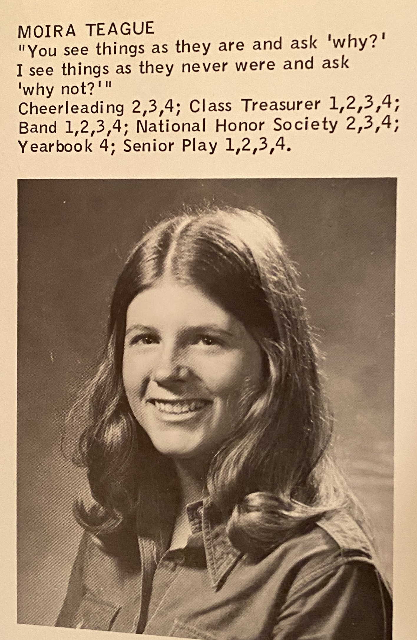 Moira Teague Kelsey in the 1976 Monument Mountain Regional High School yearbook