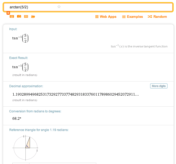 using WolframAlpha to find arctangent